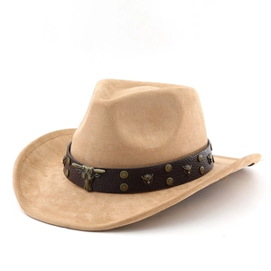 Chapeau de cowboy western kaki classique avec texture en daim et bandeau en cuir tête de taureau