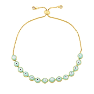 Bohemian evil eye bolo bracelet in gold with adjustable mint green beads for women