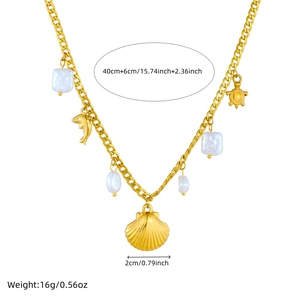 Gold necklace with irregular seashell, dolphin, and turtle pendants and pearls