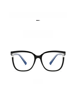 Front view of black cat-eye square glasses frames with transparent accent details
