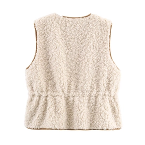 Women's cream sherpa fleece vest featuring a stylish ruffled peplum hem from the back view