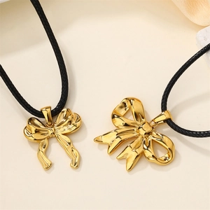 18K Gold Plated Stainless Steel Bow Pendant Necklace With Black Cord Minimalist Fashion Jewelry For Women Everyday Wear