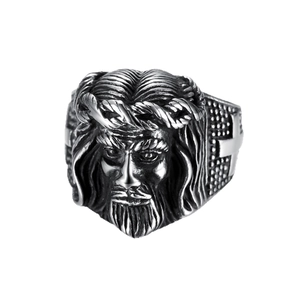 Retro stainless steel Jesus ring with relief cross patterns and vintage embossed finish