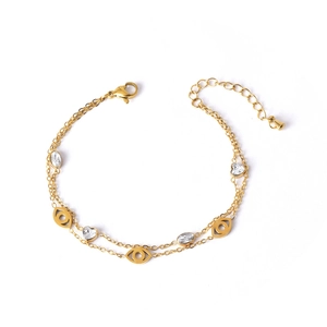 Double-layered gold chain bracelet with evil eye charms and heart zircon stones