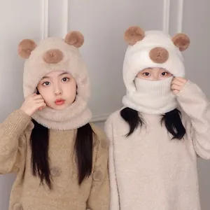 Kids plush winter bear hat and neck warmer set in oatmeal and cream white colors