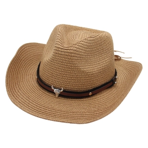 Khaki woven western cowboy hat featuring a leather band and silver bull head emblem