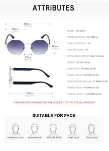 Infographic showing detailed dimensions and face shape guide for square frame sunglasses