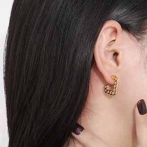 Close-up of gold chain link earrings on a model showing minimalist fashion jewelry texture