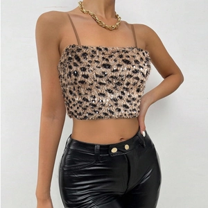 Top Caraco À Paillettes Léopard Pelucheux Court Moulant Sexy Party Clubwear Mode Femme