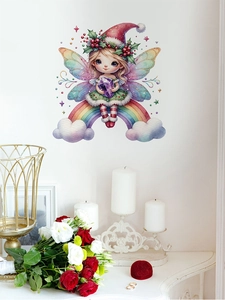 Détail du sticker mural fée avec arc-en-ciel et étoiles dans un décor de salon chic