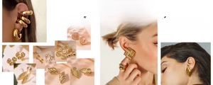 Detailed set of gold stainless steel geometric hoop earrings and wavy textured jewelry