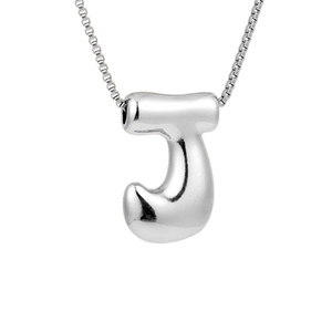 Macro shot of silver bubble letter J pendant with high-shine finish on a box chain necklace