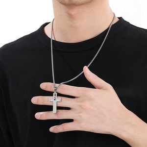 Classic silver stainless steel double cross pendant necklace with matte finish for men and women
