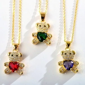 Fashionable teddy bear pendant necklace with colorful heart zircon and micro-pave crystals