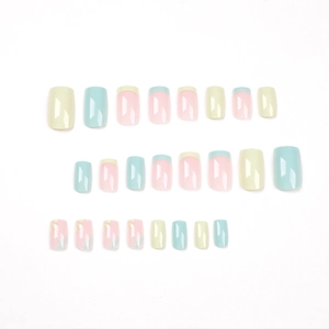 24pcs French style press-on nails with mint green yellow floral and glossy finish