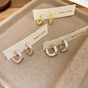 Alloy Bamboo C-Shaped Stud Earrings With Rhinestones Enamel Inlay Fashionable Retro Jewelry For Women Silver Earring Post