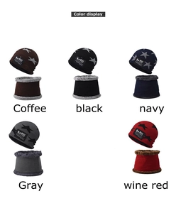 Winter knit hat and neck warmer set with star embroidery and thick fleece lining in 5 colors