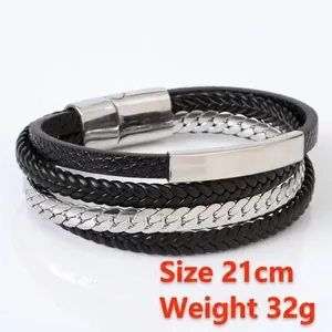 Multi-layer men's braided leather bracelet with stainless steel magnetic clasp 21cm