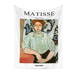 Detailed texture of white bohemian wall tapestry featuring Matisse art print portrait