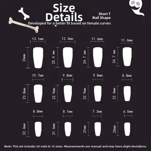 Size guide for Short T-Shape Halloween nails with 24 pieces and 12 different dimensions