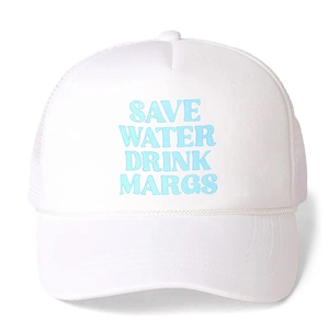 Detail of white trucker hat showing blue Save Water lettering and woven rope decoration