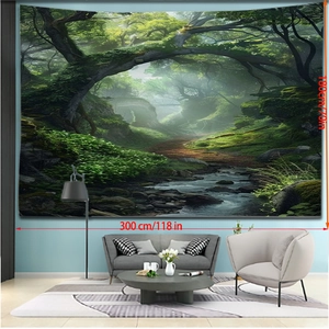 Detail view of 300x180cm dreamy forest landscape tapestry with size markings in inches