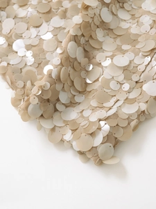 Macro shot of shimmering beige sequins and detailed embroidery on an A-line mini skirt