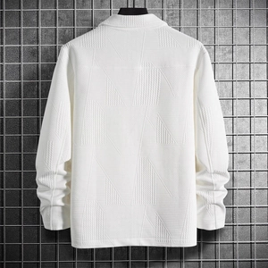 White long-sleeve jacket with geometric jacquard texture and turn-down collar, back view