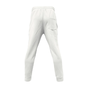Detailed back view of white twill knit joggers with elastic waistband and rear pocket