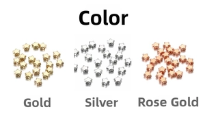Detailed view of pentagram star spacer beads in gold, silver, and rose red for DIY jewelry
