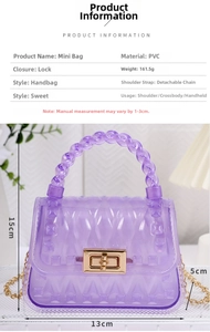 Mini purple PVC jelly bag with leaf pattern, dimensions 13x5x15cm and twist lock