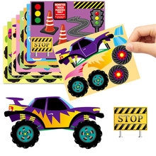 Close-up of monster truck stickers with road signs and hands peeling off the PET material