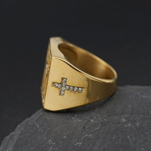 Gold stainless steel square signet ring for men with cross rhinestone inlays on grey rock