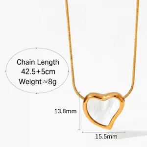 Golden heart pendant necklace with mother of pearl shell on a snake chain, 42.5cm length