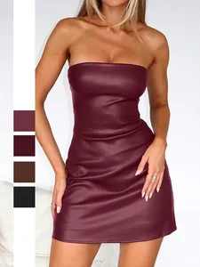 Vestido Mini Palabra De Honor Sexy Cuero Sintético PU Ajustado Estilo Y2K Streetwear Fiesta Club Para Mujer
