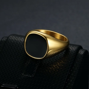 Signet Ring Stainless Steel Gold Plated Black Enamel Inlay Square Minimalist Hip Hop Unisex Jewelry
