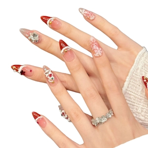 Red velvet Christmas press-on nails with 3D snowflakes, trees and rhinestones decoration
