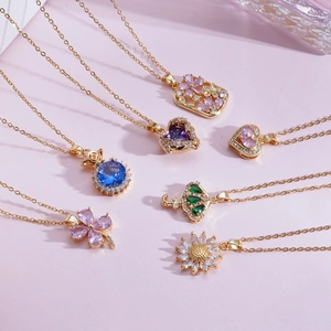 18K Gold Plated Titanium Steel Colorful Zirconia Pendant Necklace For Women Sunflower Heart Umbrella Clavicle Chain Jewelry