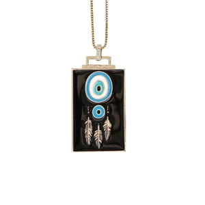 Bohemian gold square evil eye pendant necklace with three feathers on white background
