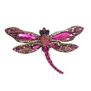 Vintage dragonfly brooch with pink crystals and rhinestones in bronze alloy base