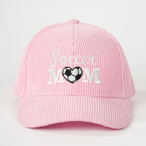 Pink corduroy baseball cap with embroidered Soccer MOM text and heart soccer pattern