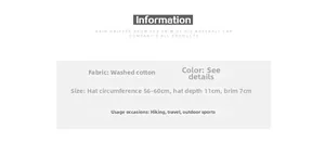 Detailed size chart for distressed baseball cap showing 56-60cm circumference and cotton material