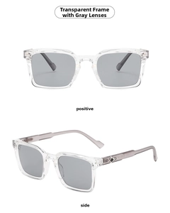 Square transparent grey sunglasses with side diamond metal accent shown from front and side
