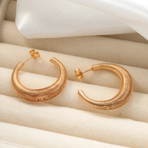 Vintage Stainless Steel C Shape Hoop Earrings Spring Spiral Texture 18K Gold Plated For Women Fashion Jewelry