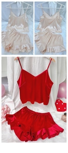 Detail of satin pajama set with V-neck camisole and ruffled shorts in multiple colors