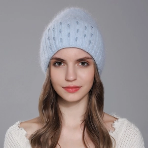 Women's light blue rabbit fur knit beanie with elegant bead decoration for winter