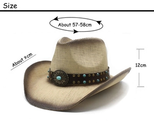 Detail view of woven cowboy hat with dimensions: 58cm head girth, 9cm brim, 12cm height