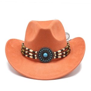 Chapeau de cowboy orange en daim avec bandeau perlé ethnique et boucle turquoise