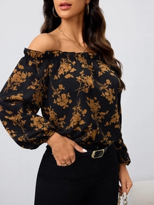 Elegante florale schulterfreie Langarmbluse mit Laternenärmeln und einem Taillengürtel