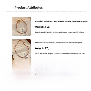 Detailed spec chart of rhodochrosite and freshwater pearl jewelry set with measurements